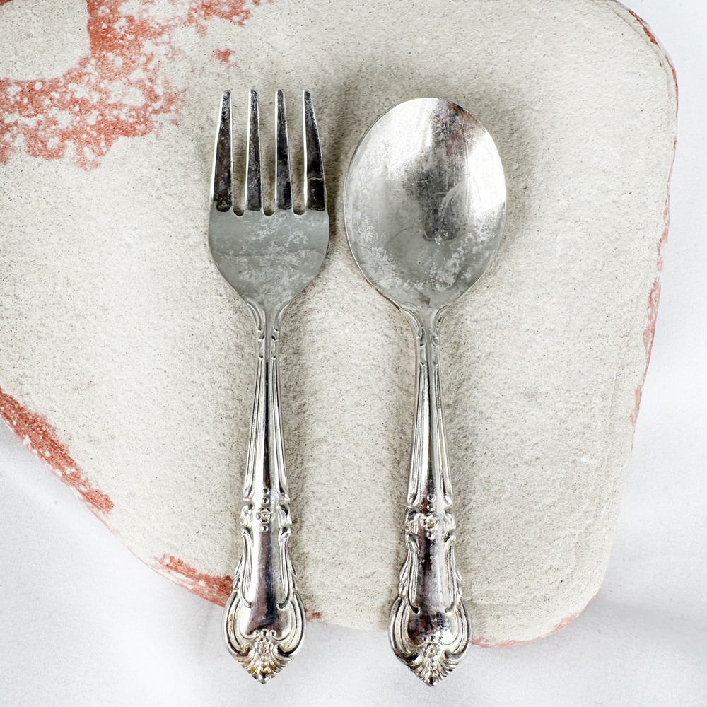 Vintage 4.25 Child Fork Spoon Set‎ Floral Baroque Handle Stainless Japan